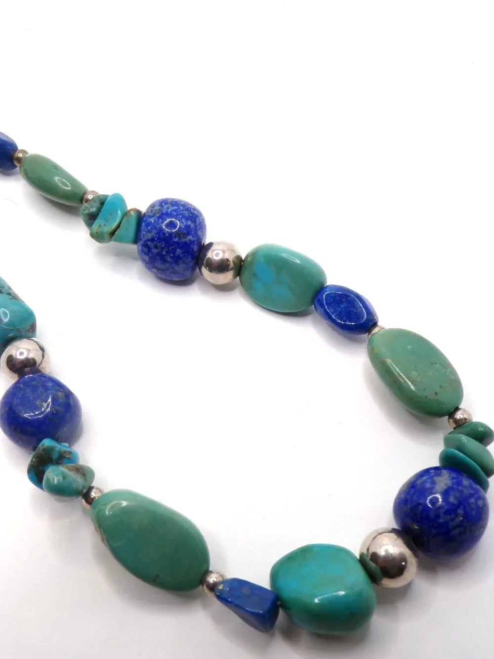 Free-Form Turquoise & Lapis Necklace – Sterling Silver Beads & Clasp